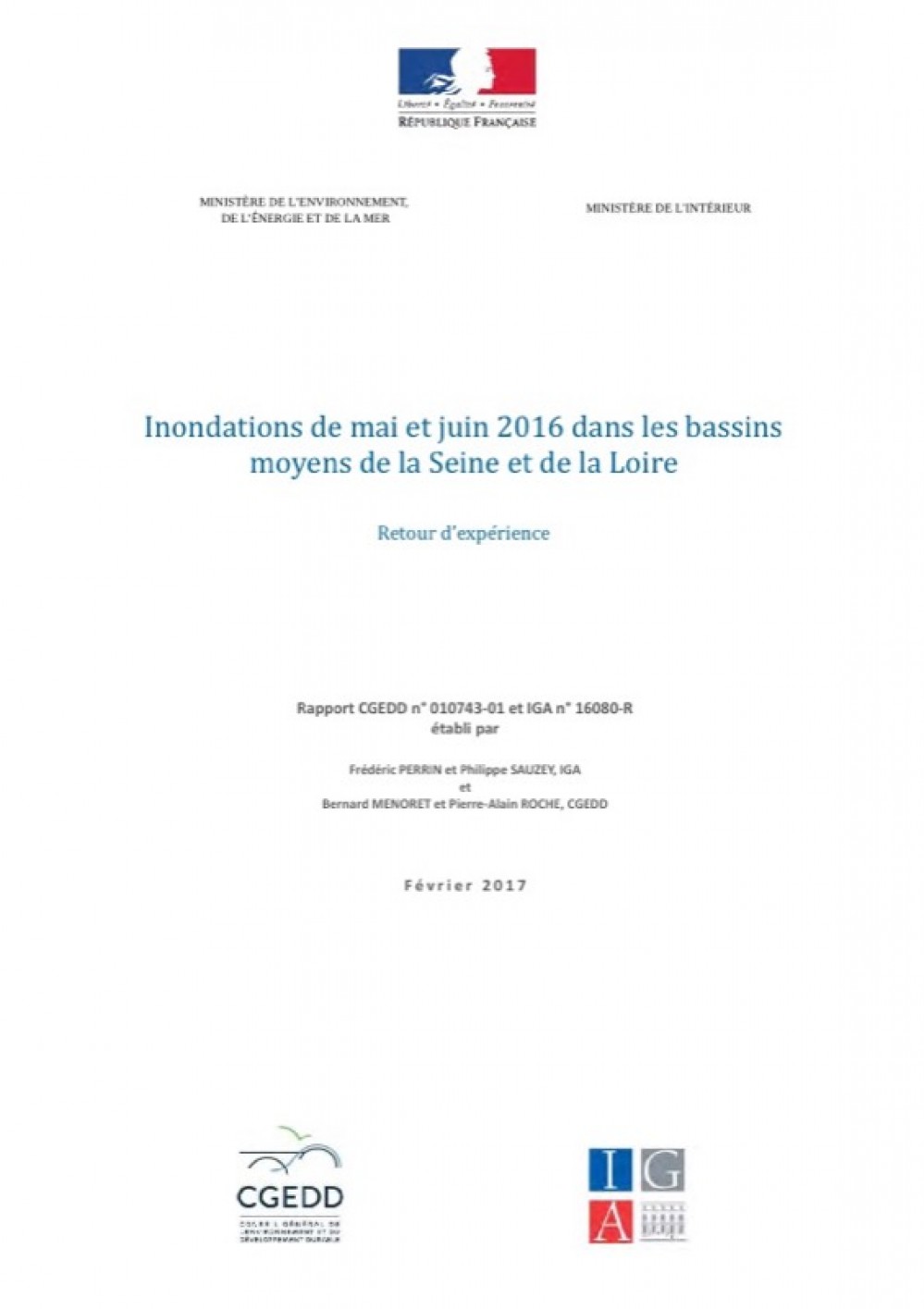 [Publication] Inondations de mai et juin 2016 dans les bassins moyens de la Seine et de la Loire - Retour d’expérience - CGEDD