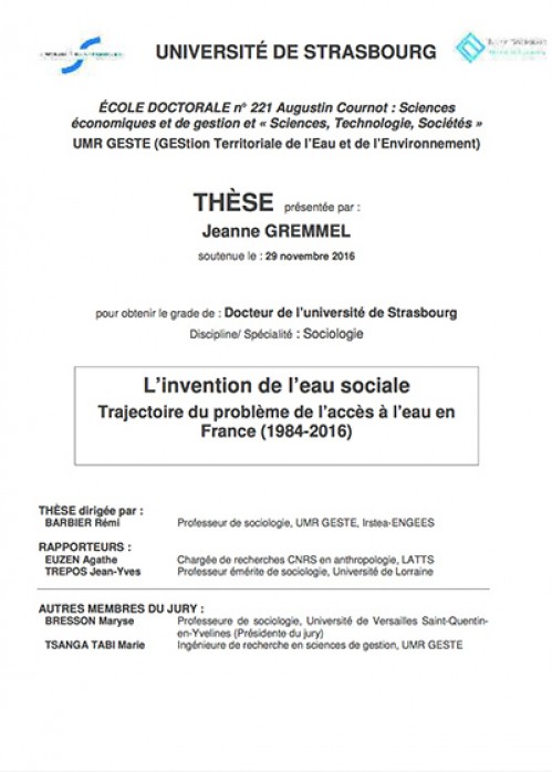 [Publication] L'invention de l'eau social : trajectoire du problème de l'accès à l'eau en France (1984-2016)