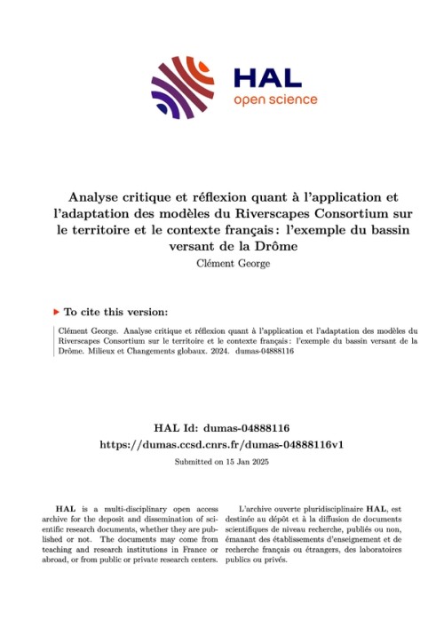 [Publication] Mémoire - Analyse critique et réflexion quant à l'application et l'adaptation des modèles du Riverscapes Consortium sur le territoire et le contexte français : l'exemple du bassin versant de la Drôme