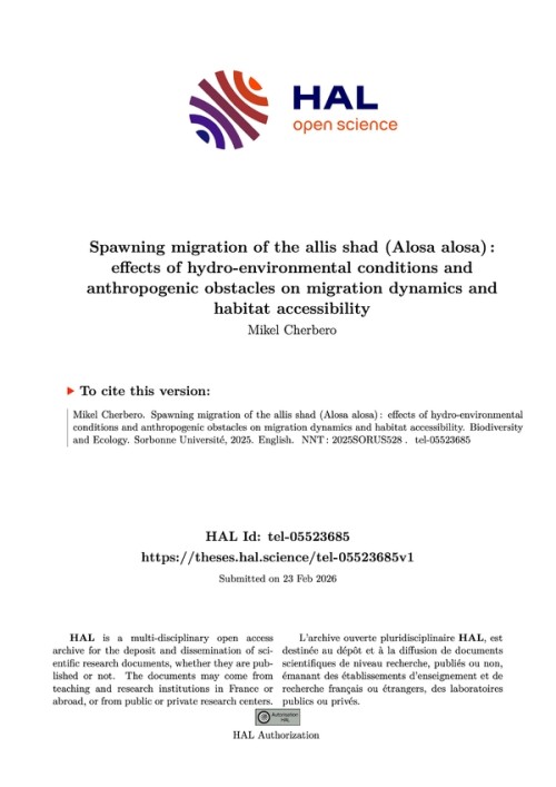 [Publication] Migration de reproduction de la grande alose (Alosa alosa, Clupeidae) : dynamique temporelle, influence des barrières estuariennes et fluviales sur l’accessibilité des frayères