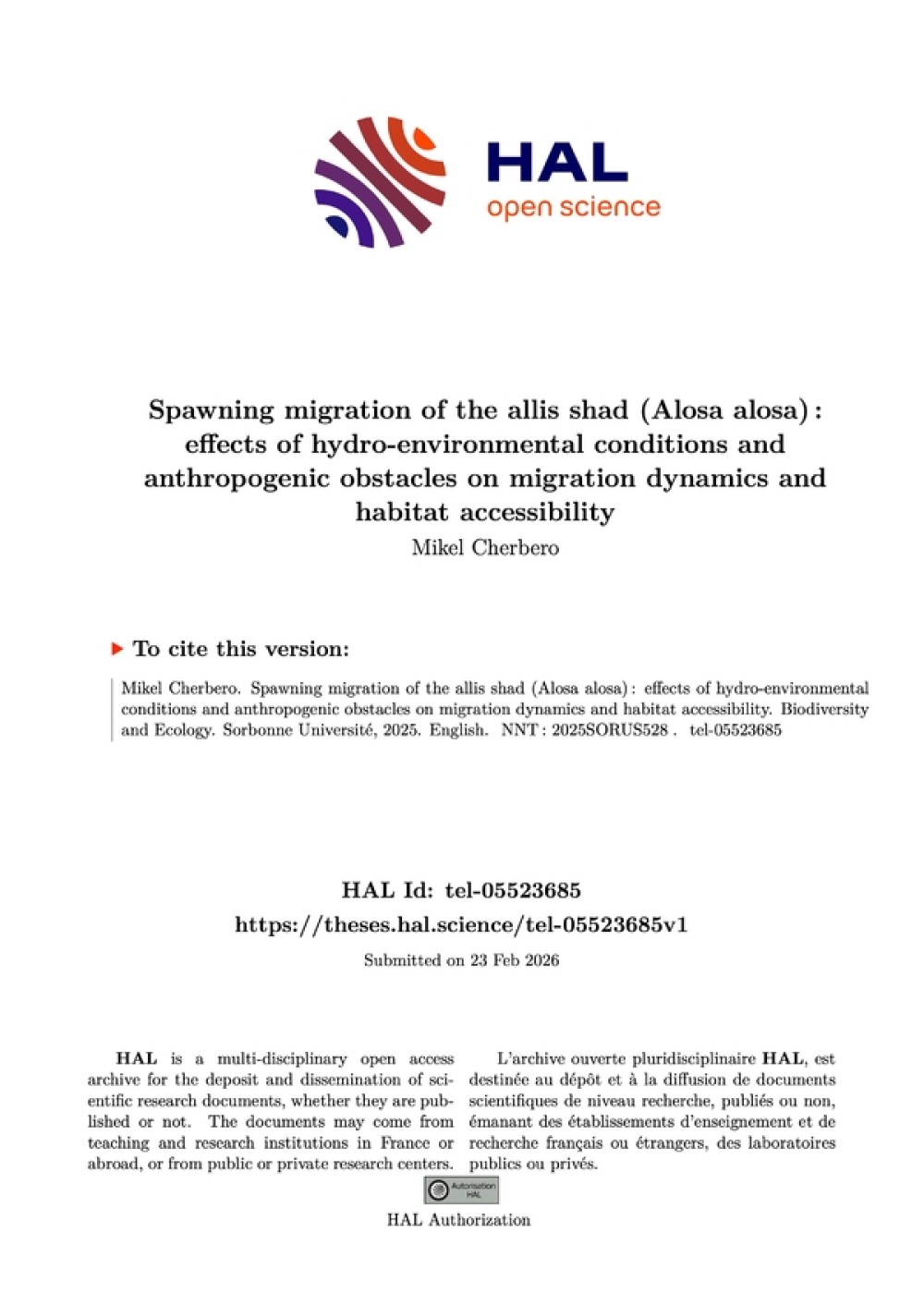 [Publication] Migration de reproduction de la grande alose (Alosa alosa, Clupeidae) : dynamique temporelle, influence des barrières estuariennes et fluviales sur l’accessibilité des frayères