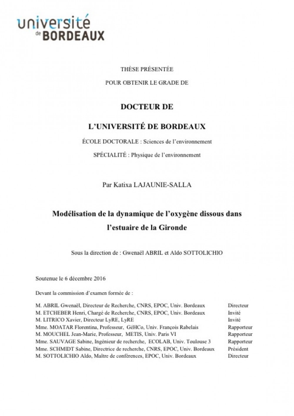 [Publication] Thèse - Modélisation de la dynamique de l'oxygène dissous dans l'estuaire de la Gironde