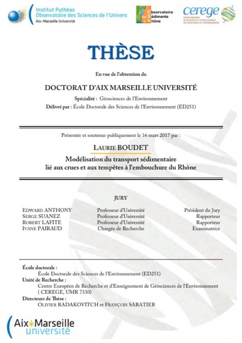 [Publication] Thèse - Modélisation du transport sédimentaire lié aux crues et aux tempêtes à l'embouchure du Rhône