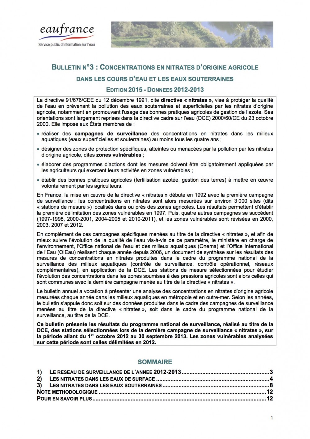 [Publication] Concentrations en nitrates d'origine agricole dans les cours d'eau et les eaux souterraines - Edition 2015, données 2012-2013