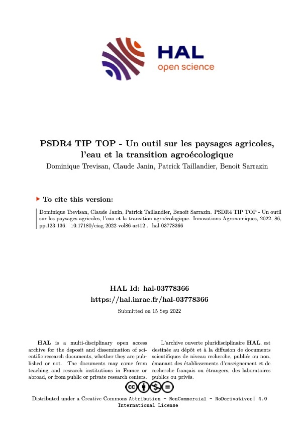 [Publication] PSDR4 TIP TOP - Un outil sur les paysages agricoles, l'eau et la transition agroécologique