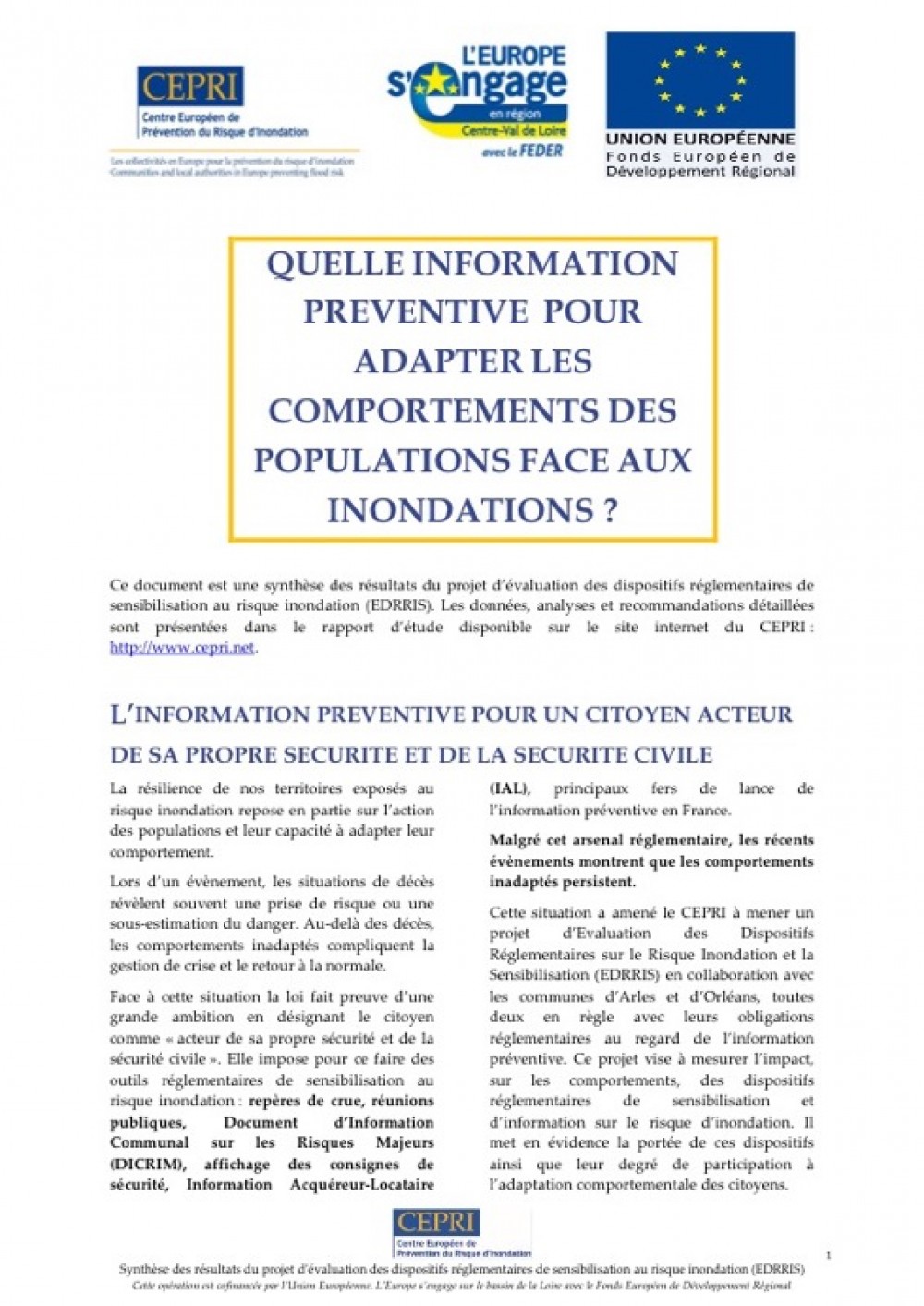 [Publication] Quelle information préventive pour adapter les comportements des populations face aux inondations ? - CEPRI