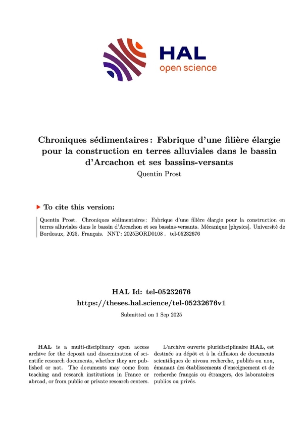 [Publication] Thèse - Chroniques sédimentaires : Fabrique d’une filière élargie pour la construction en terres alluviales dans le bassin d’Arcachon et ses bassins-versants