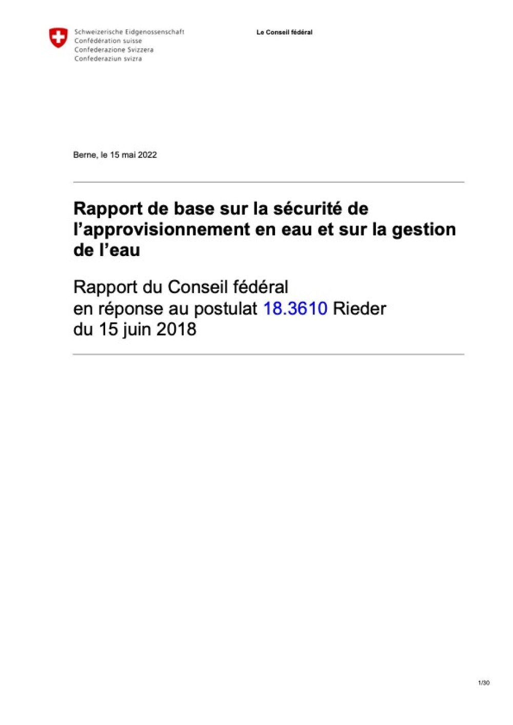 [Publication] Suisse - Rapport de base sur la sécurité de l'approvisionnement en eau et sur la gestion de l'eau