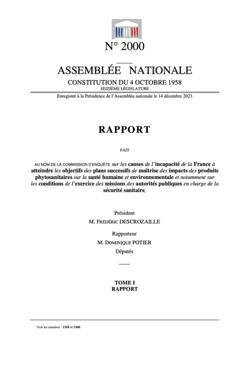 [Publication] Rapport d’enquête parlementaire sur les causes de l’incapacité de la France à atteindre les objectifs des plans Ecophyto