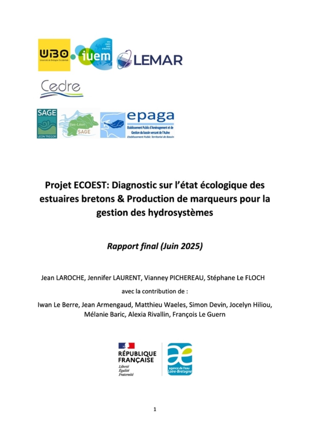 [Publication] Projet ECOEST - Rapport final - Diagnostic sur l’état écologique des estuaires bretons & Production de marqueurs pour la gestion des hydrosystèmes