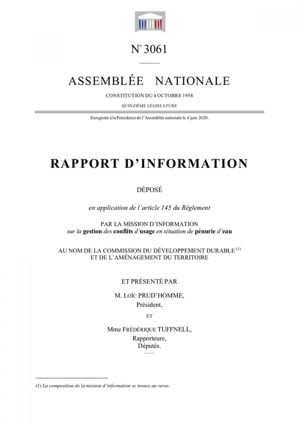 [Publication] Rapport d'information sur la gestion des conflits d'usage en situation de pénurie d'eau