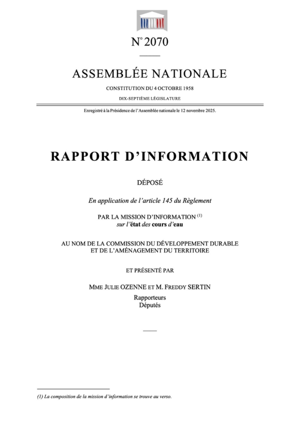 [Publication] Rapport d'information sur l'état des cours d'eau - Assemblée Nationale