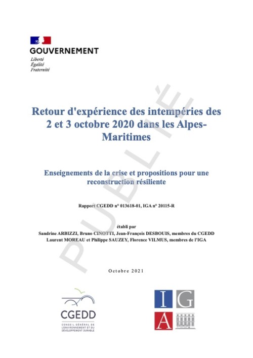 [Publication] Retour d'expérience des intempéries des 2 et 3 octobre 2020 dans les Alpes-Maritimes - Enseignements de la crise et propositions pour une reconstruction résiliente - IGEDD