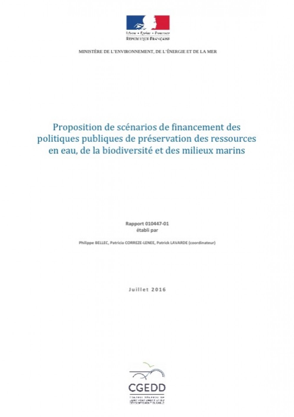 [Publication] Proposition de scénarios de financement des politiques publiques de préservation des ressources en eau, de la biodiversité et des milieux marins - CGEDD