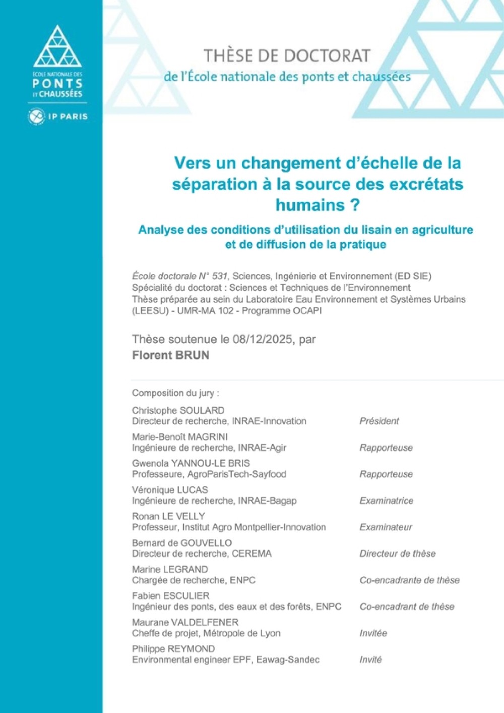 [Publication] Thèse - Vers un changement d’échelle de la séparation à la source des excrétats humains ? : Analyse des conditions d’utilisation du lisain en agriculture et de diffusion de la pratique