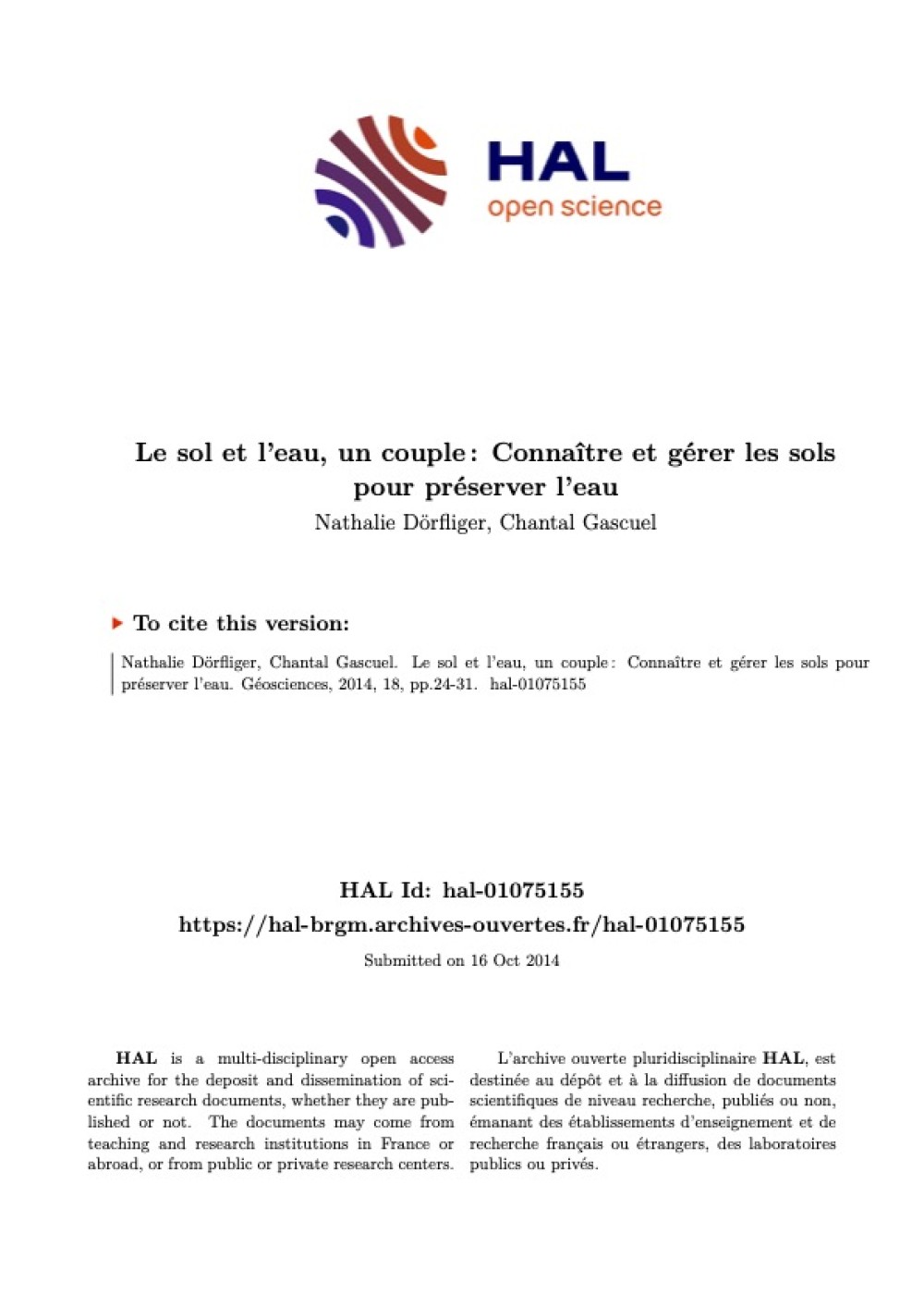 [Publication] Le sol et l'eau, un couple : Connaître et gérer les sols pour préserver l'eau