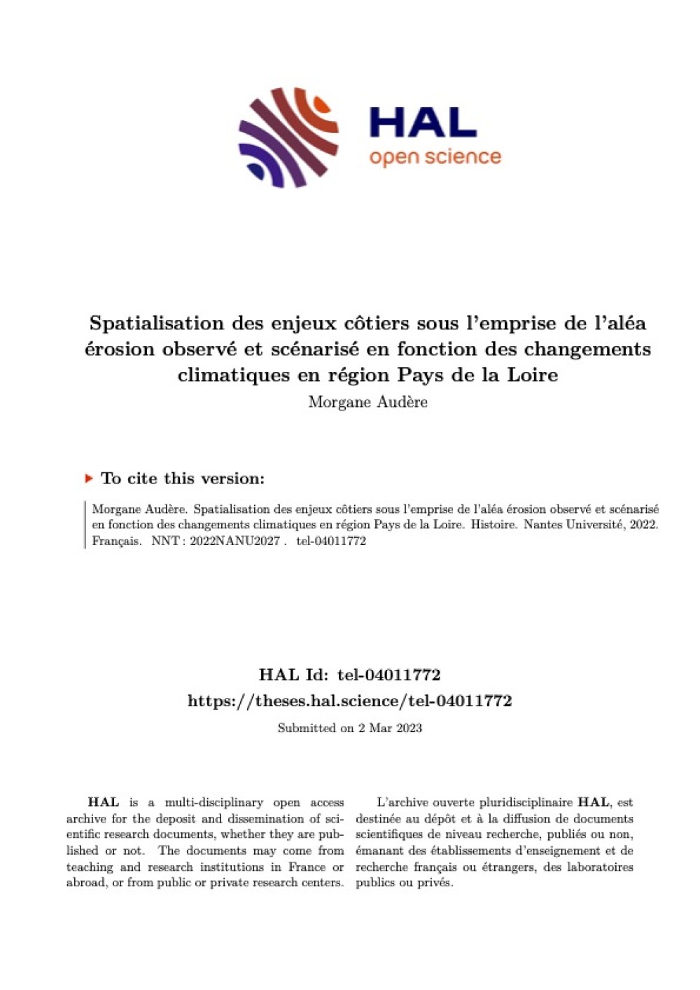 [Publication] Thèse - Spatialisation des enjeux côtiers sous l’emprise de l’aléa érosion observé et scénarisé en fonction des changements climatiques en région Pays de la Loire