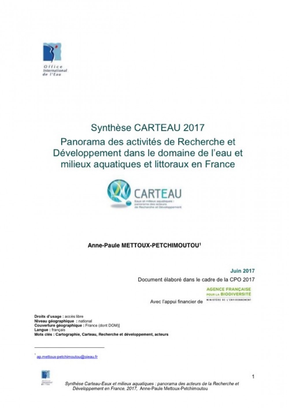 [Publication] Synthèse Carteau 2017 : Panorama des activités de Recherche et Développement dans le domaine de l'eau et milieux aquatiques et littoraux en France