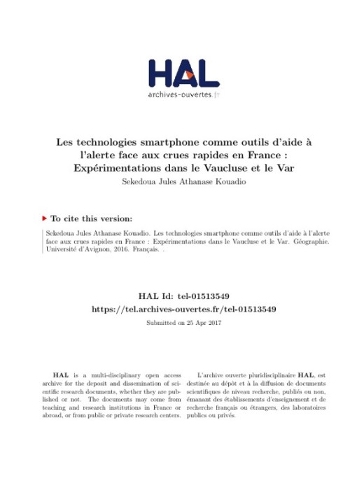 [Publication] Thèse - Les technologies smartphone comme outils d'aide à l'alerte face aux crue rapides en France : Expérimentations dans le Vaucluse et le Var