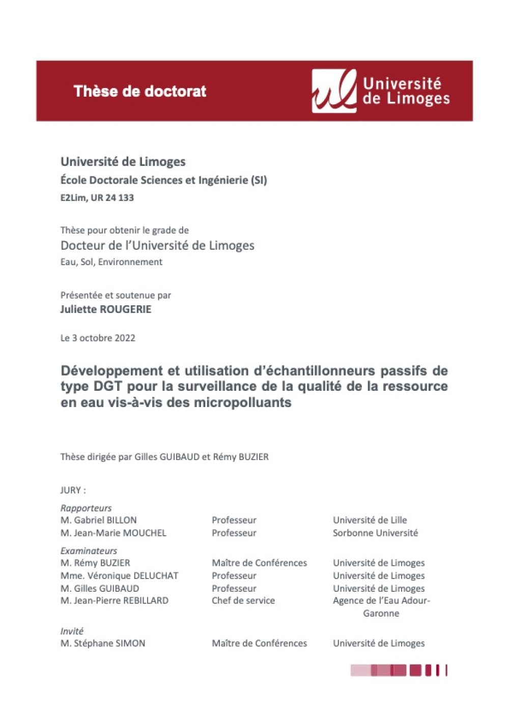 [Publication] Thèse - Développement et utilisation d'échantillonneurs passifs de type DGT pour la surveillance de la qualité de la ressource en eau vis-à-vis des micropolluants