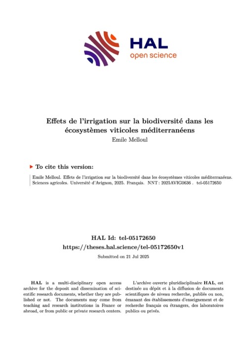 [Publication] Effets de l’irrigation sur la biodiversité dans les écosystèmes viticoles méditerranéens