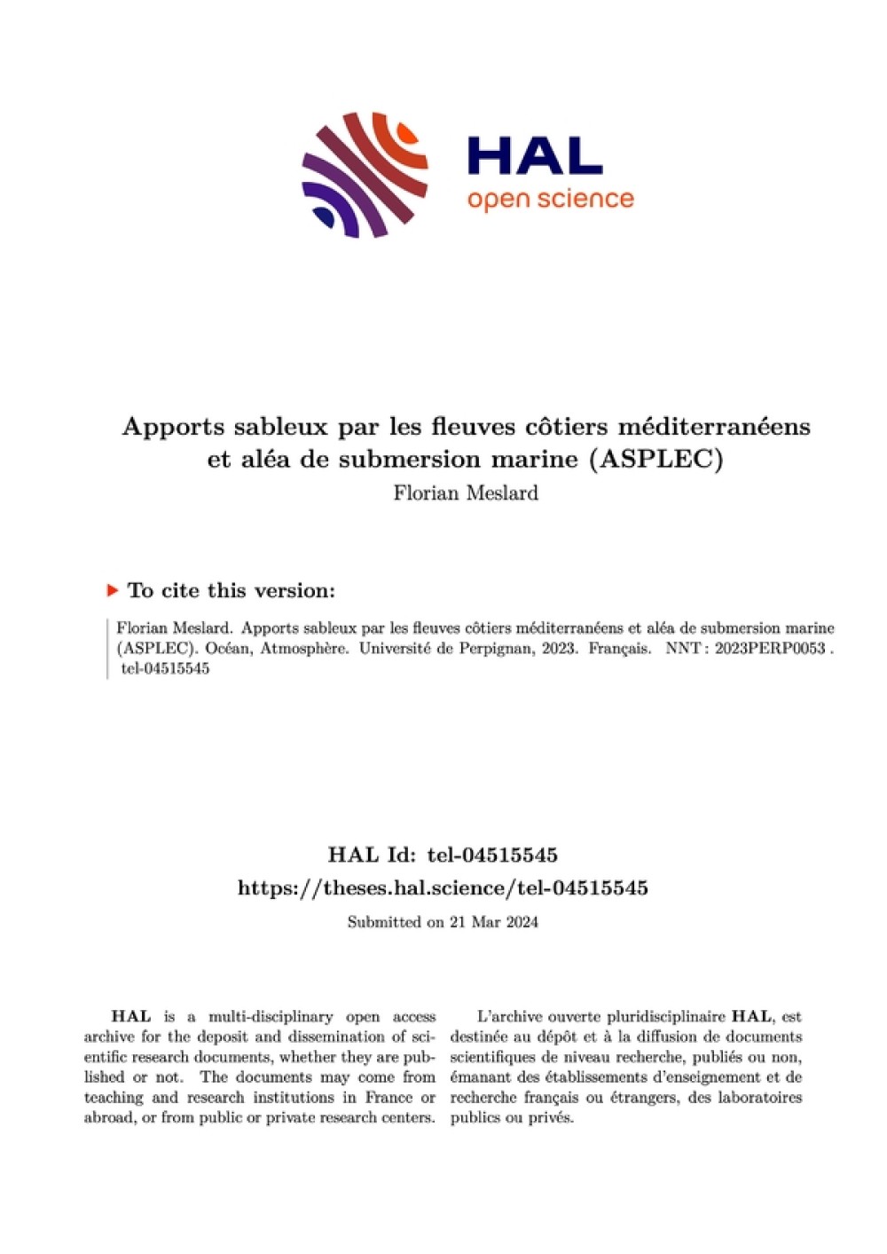 [Publication] Thèse - Apports sableux par les fleuves côtiers méditerranéens et aléa de submersion marine (ASPLEC)