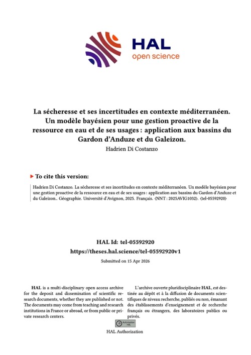 [Publication] Thèse - La sécheresse et ses incertitudes en contexte méditerranéen. Un modèle bayésien pour une gestion proactive de la ressource en eau et de ses usages : application aux bassins du Gardon d’Anduze et du Galeizon
