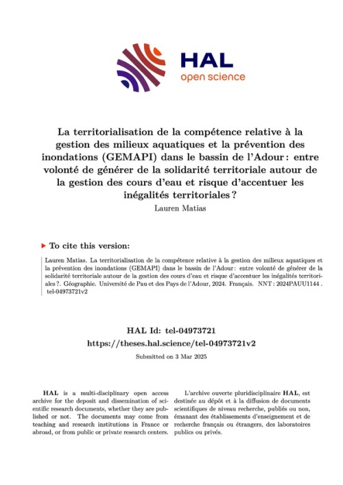 [Publication] Thèse - La territorialisation de la compétence relative à la gestion des milieux aquatiques et la prévention des inondations (GEMAPI) dans le bassin de l'Adour