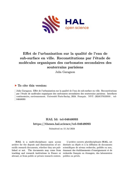 [Publication] Thèse - Effet de l'urbanisation sur la qualité de l'eau de sub-surface en ville. Reconstitutions par l'étude de molécules organiques des carbonates secondaires des souterrains parisiens