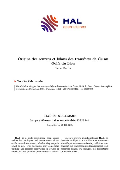 [Publication] Thèse - Origine des sources et bilans des transferts de cuivre au Golfe du Lion